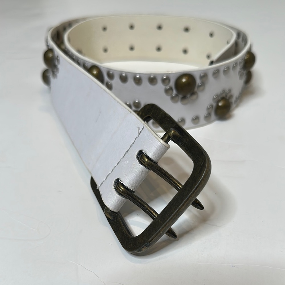 White Studded Belt with Burnished Brass Accents